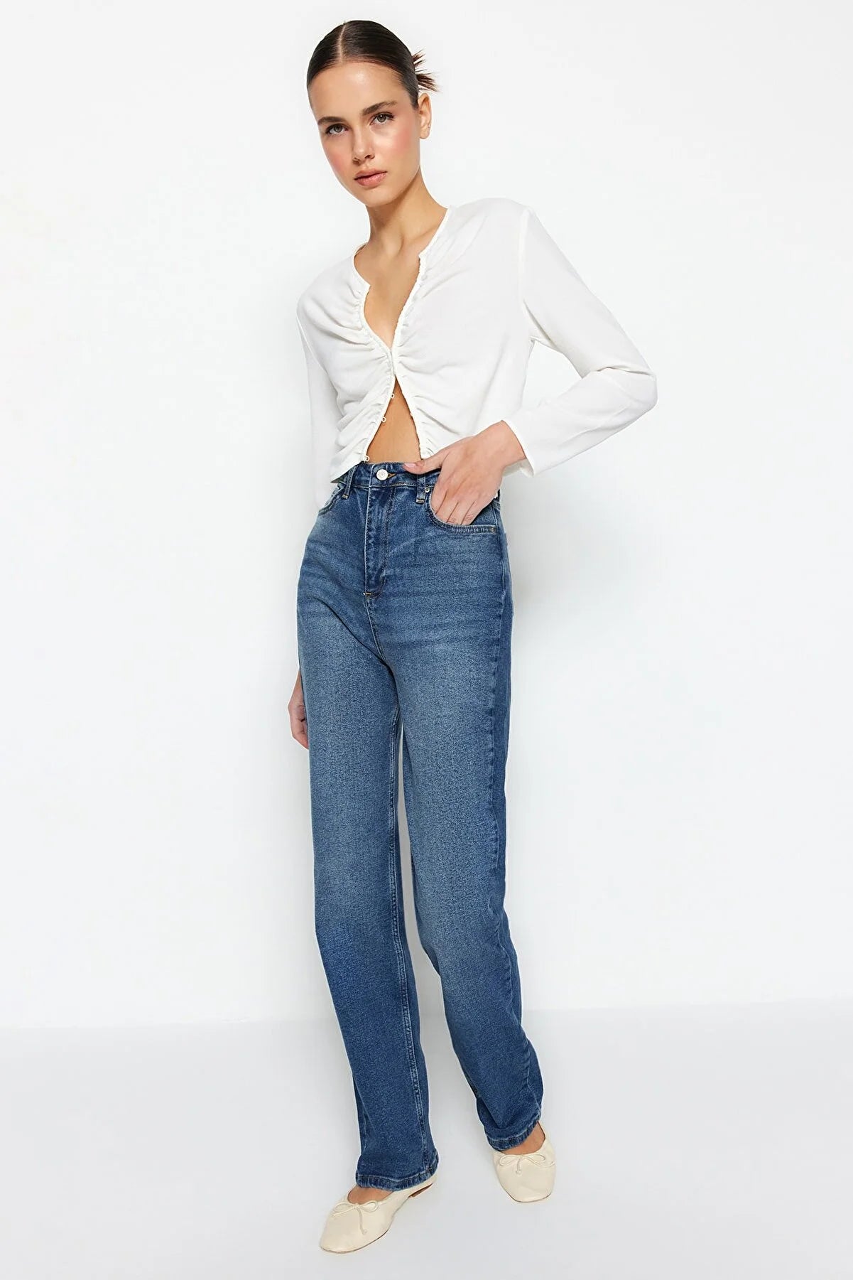 Dark Blue Recycle High Waist Long Straight Jeans