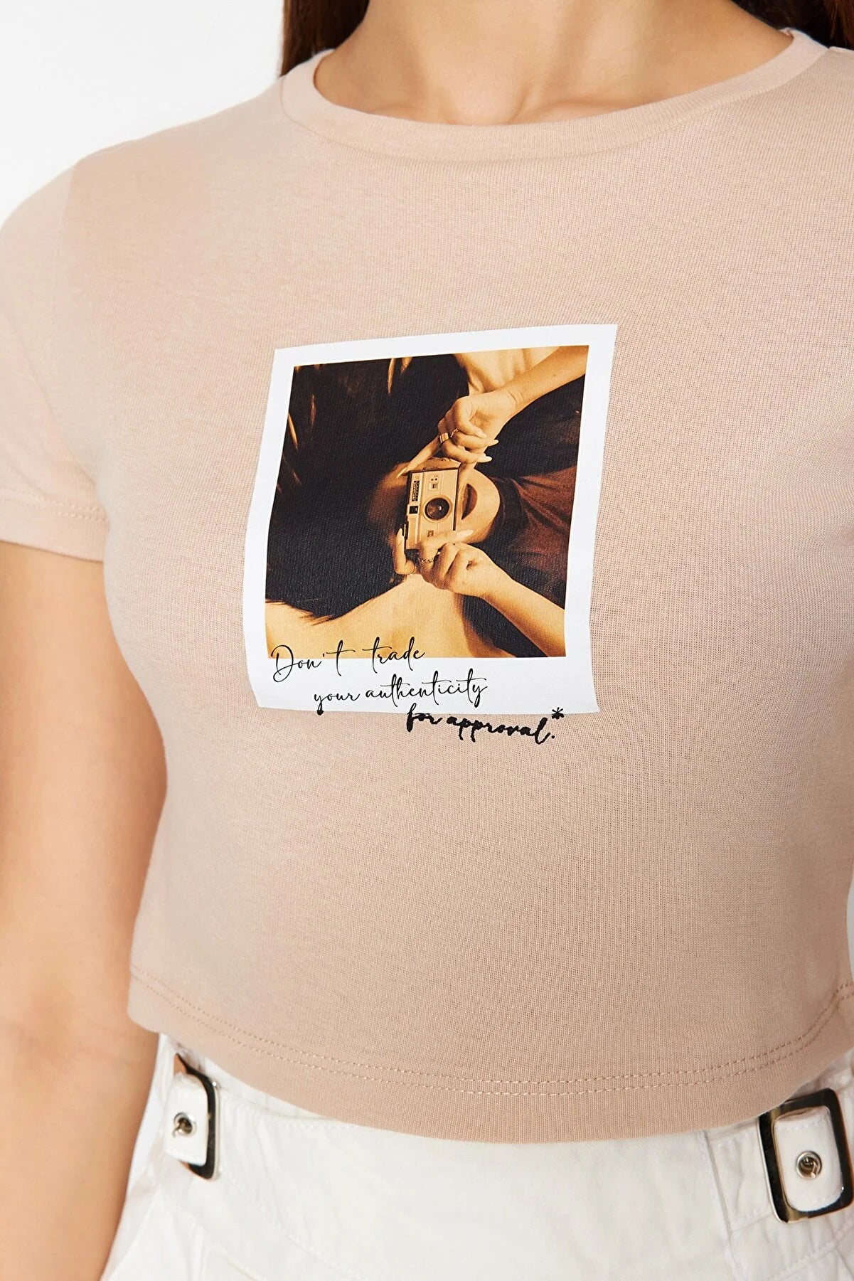 Beige Printed Rib Crop Knitted T-Shirt