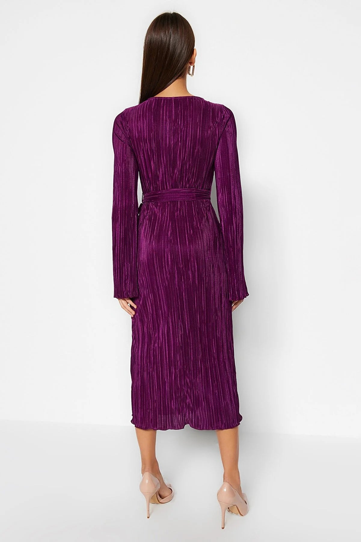 Purple Premium Pleated Fabric Flare Sleeve Detailed A-Line Midi Knitted Dress