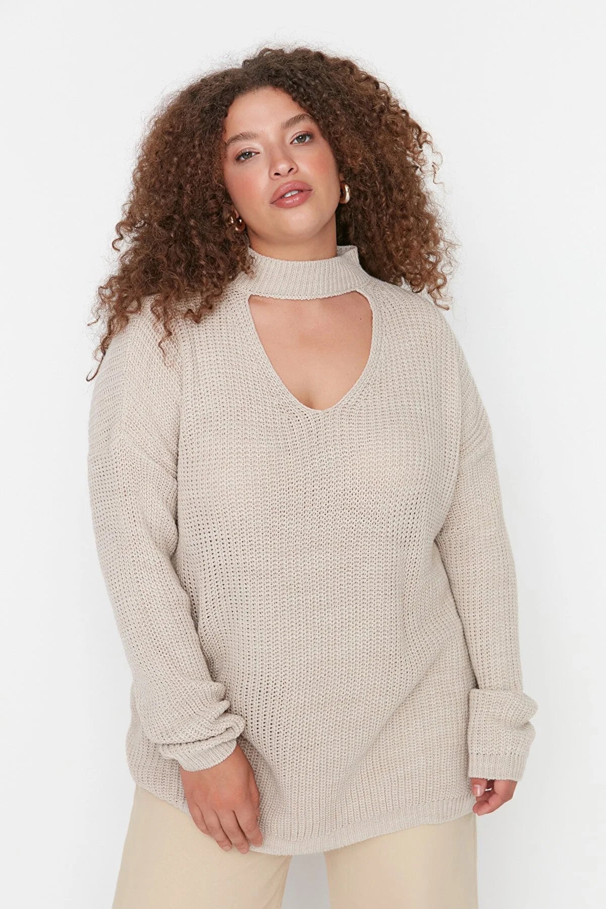 Beige Collar Detailed Knitwear Sweater