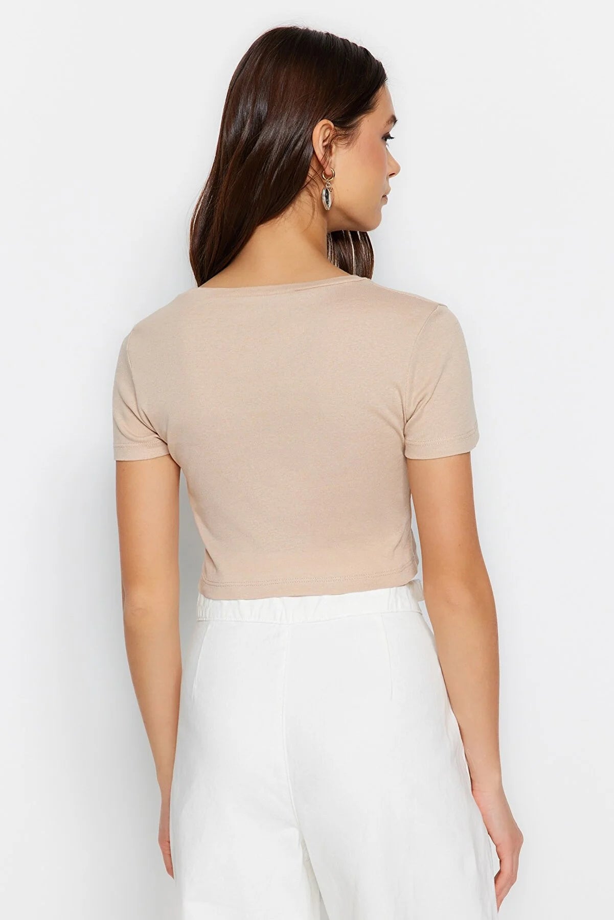 Beige Printed Rib Crop Knitted T-Shirt