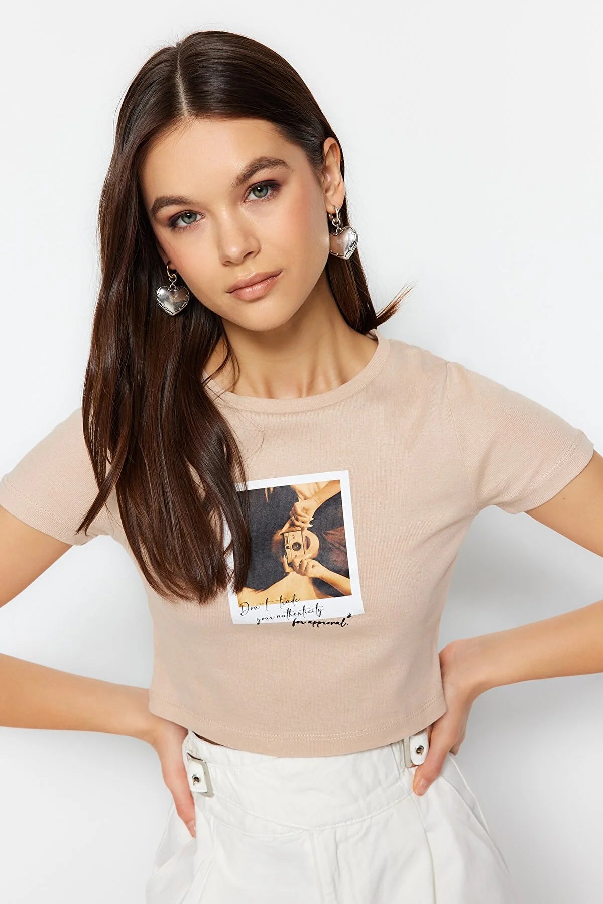 Beige Printed Rib Crop Knitted T-Shirt
