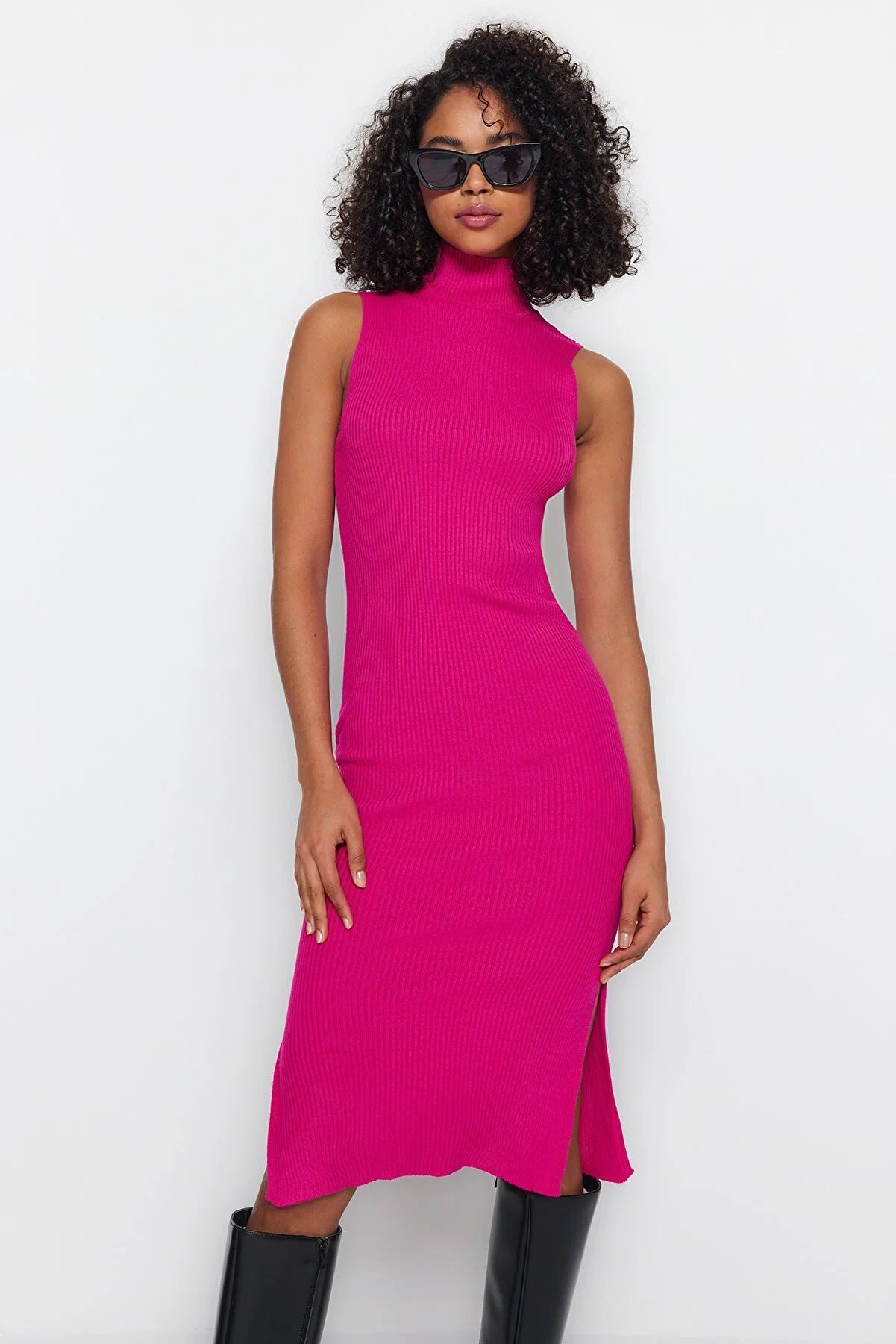 Fuchsia Midi Knitwear Sleeveless Dress