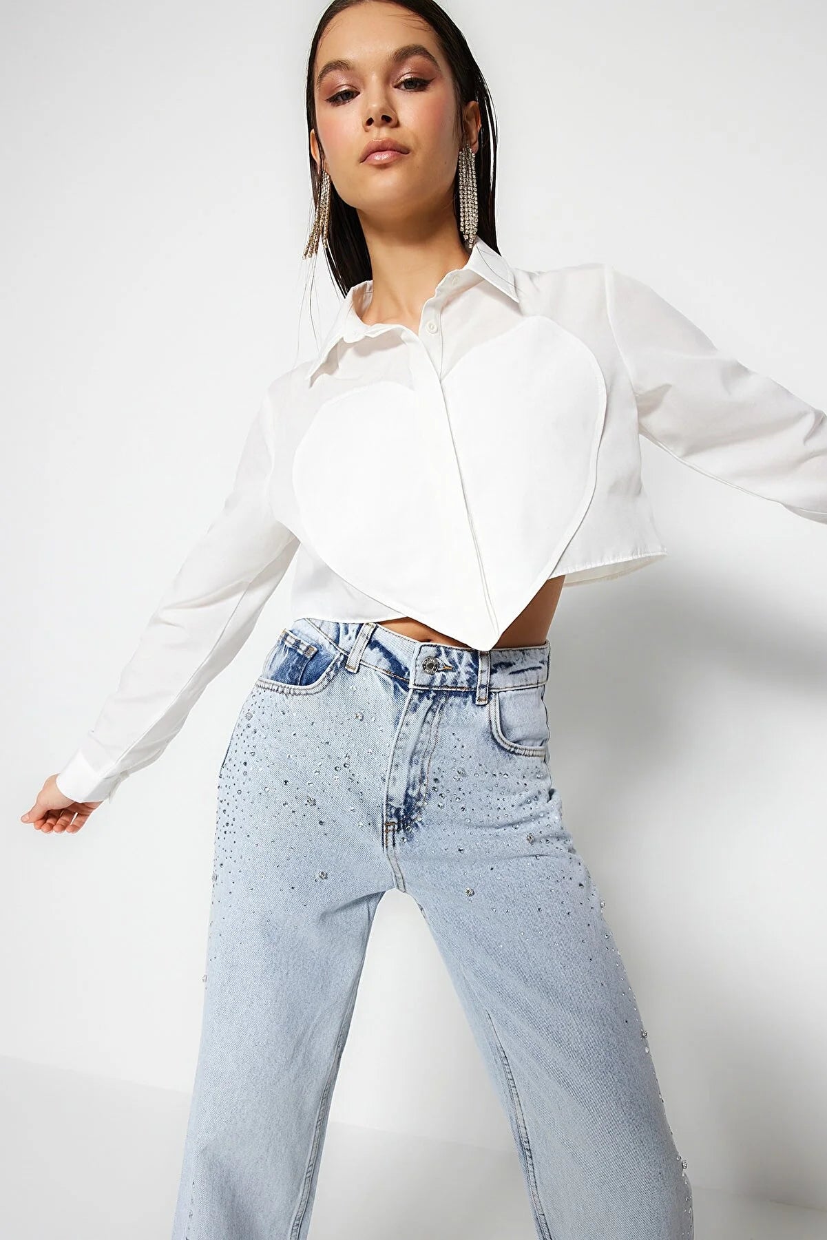 Crop Poplin Shirt with Ecru Heart Detail