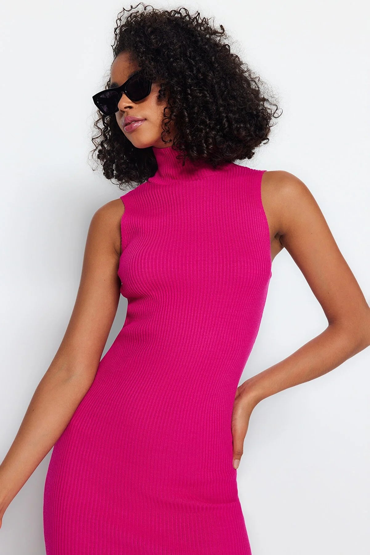 Fuchsia Midi Knitwear Sleeveless Dress