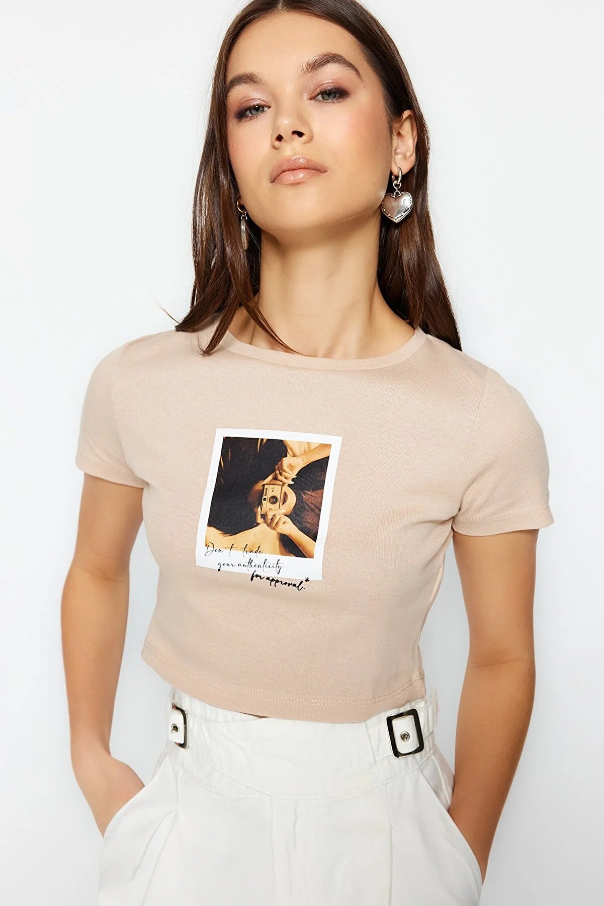 Beige Printed Rib Crop Knitted T-Shirt