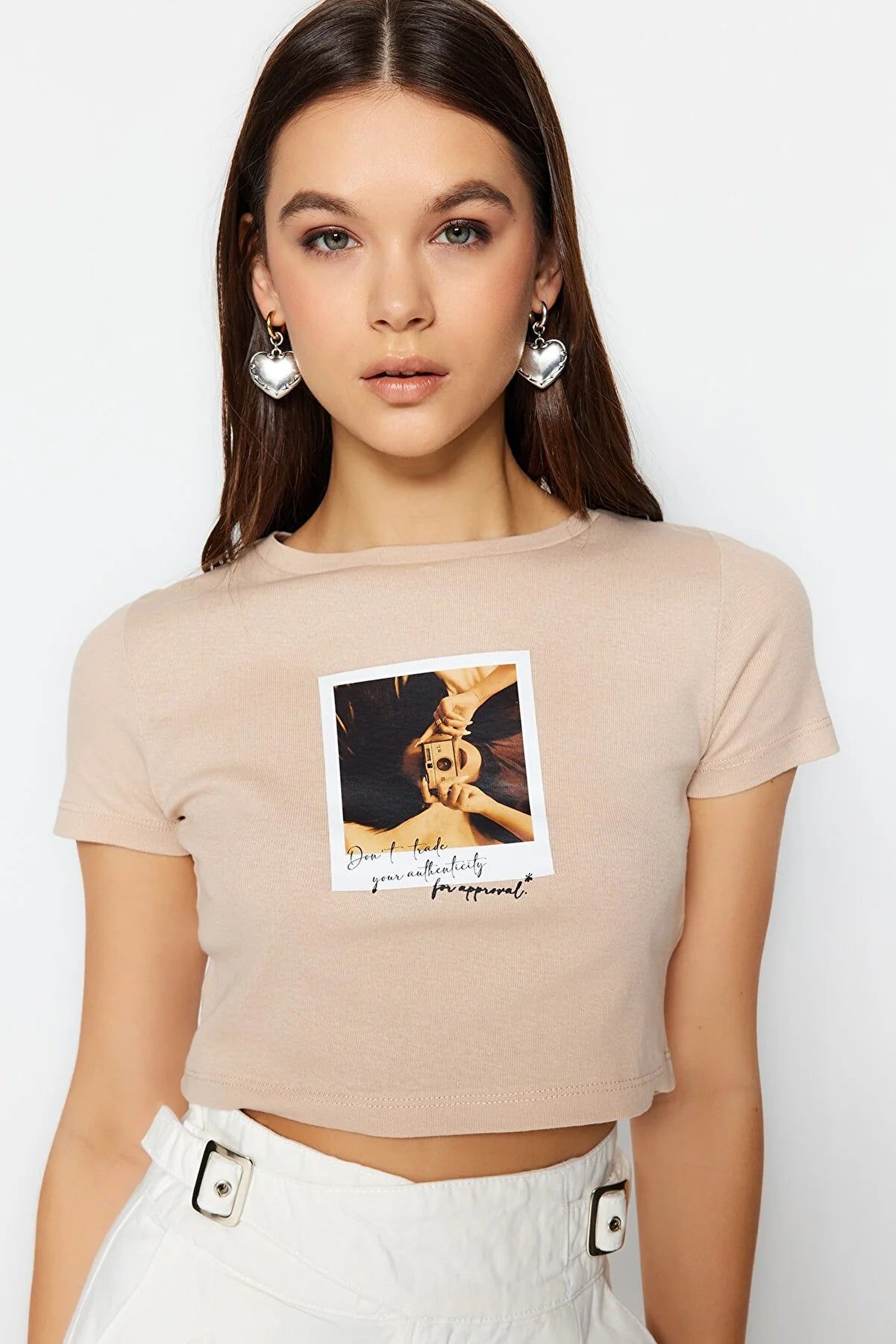 Beige Printed Rib Crop Knitted T-Shirt