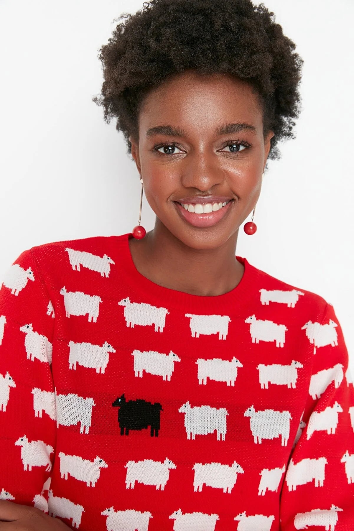 Red Self Patterned Crew Neck Knitwear Sweater