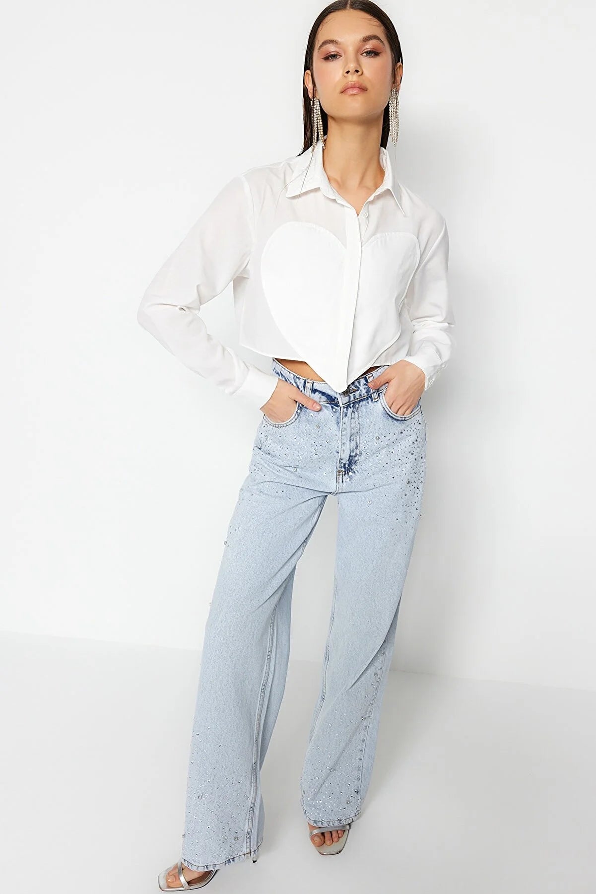 Crop Poplin Shirt with Ecru Heart Detail