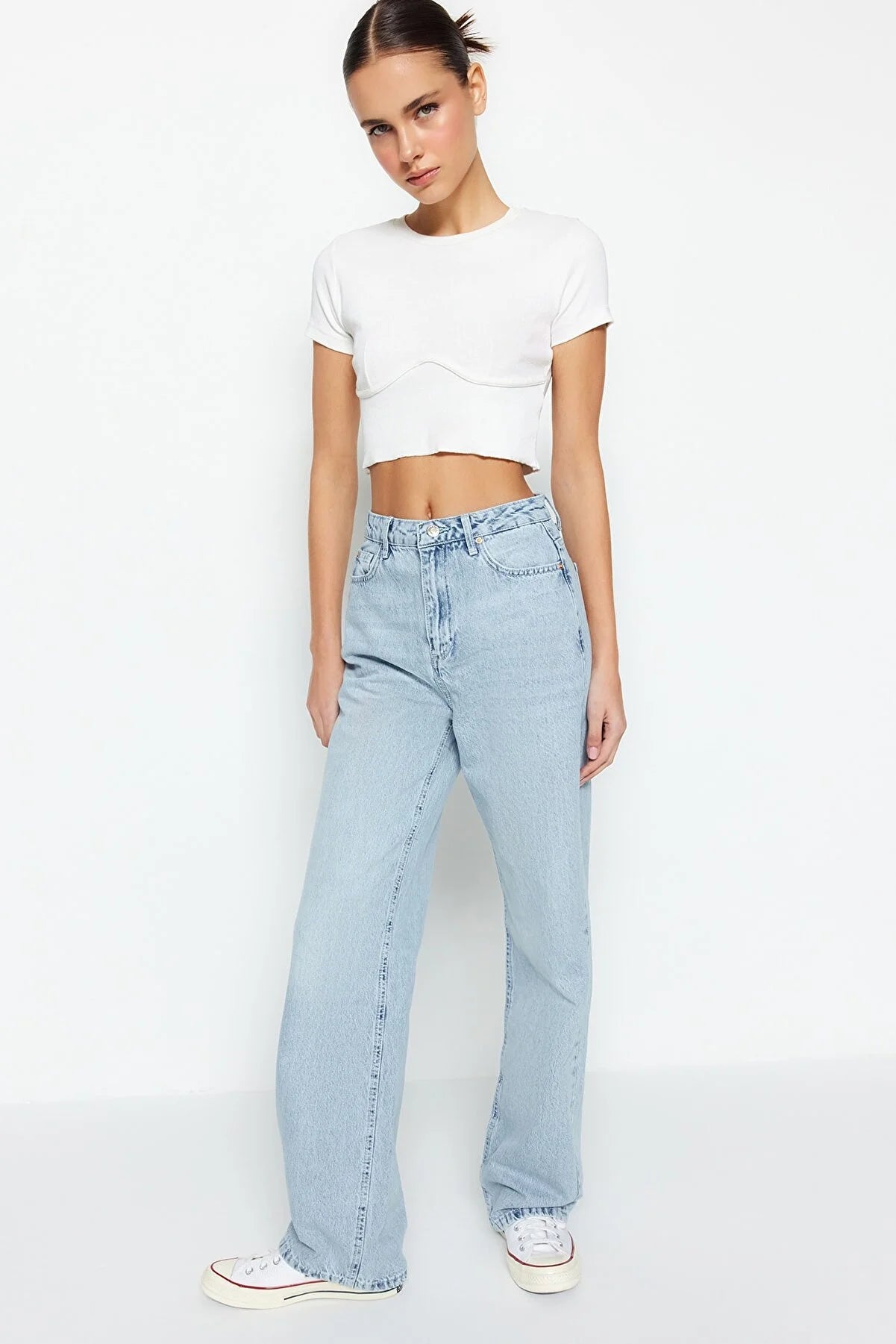 Blue High Waist Long Straight Jeans