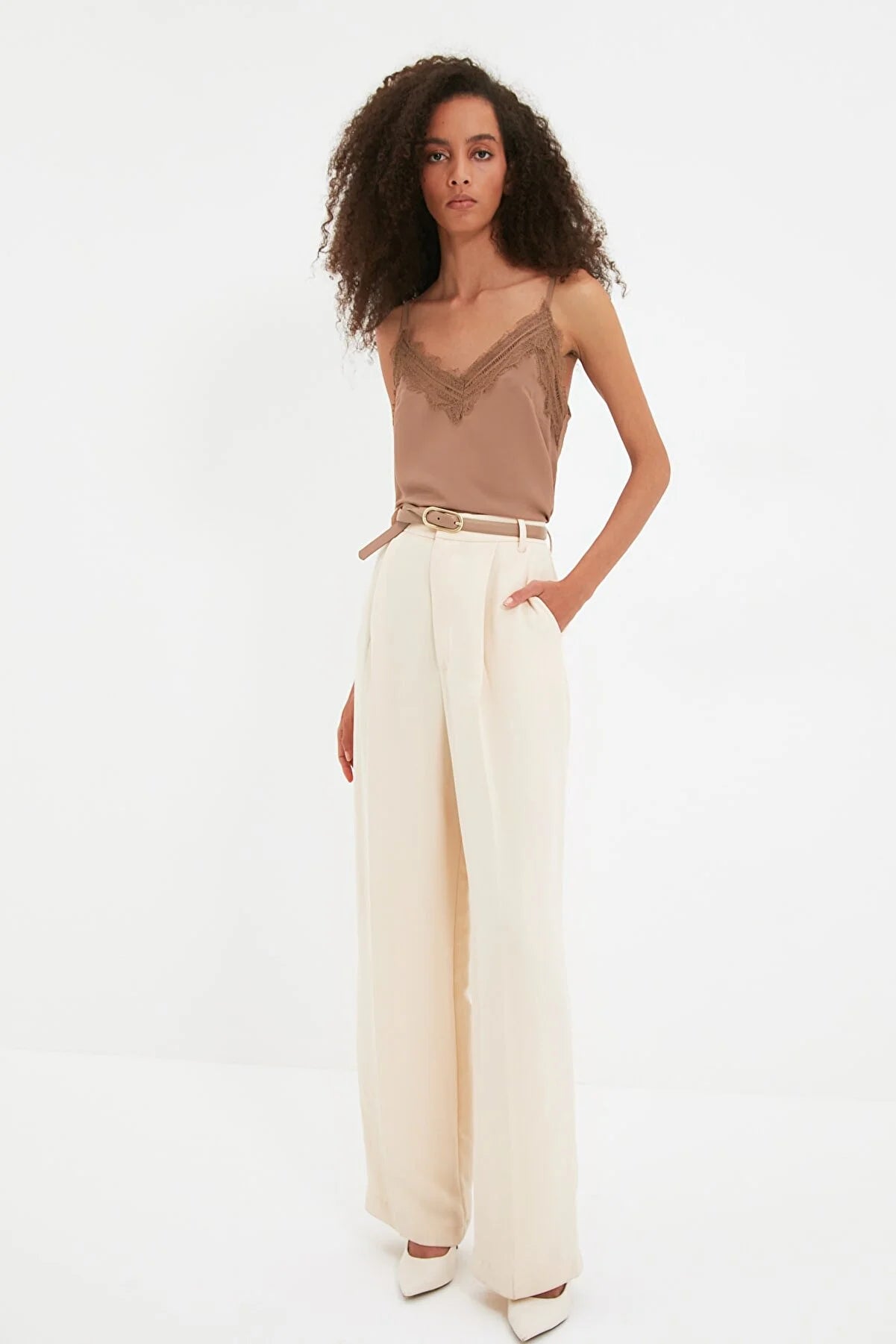 Mink Woven Lace Detailed Strap Blouse