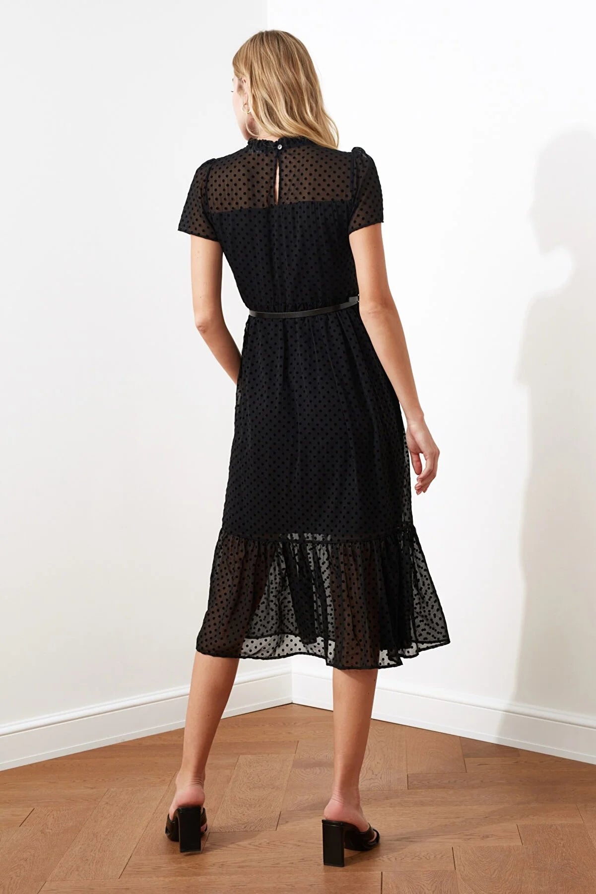 Black Belted Midi A-Line Woven Lined Dress