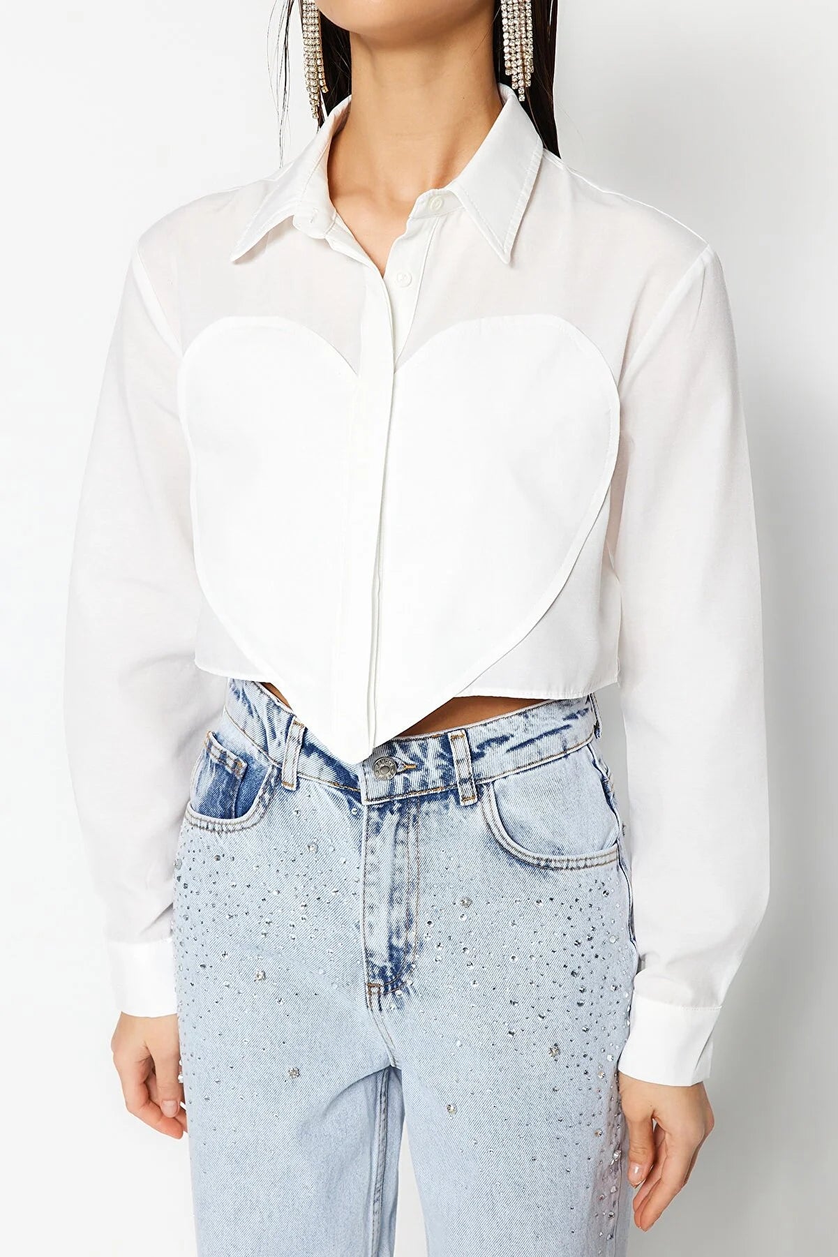 Crop Poplin Shirt with Ecru Heart Detail