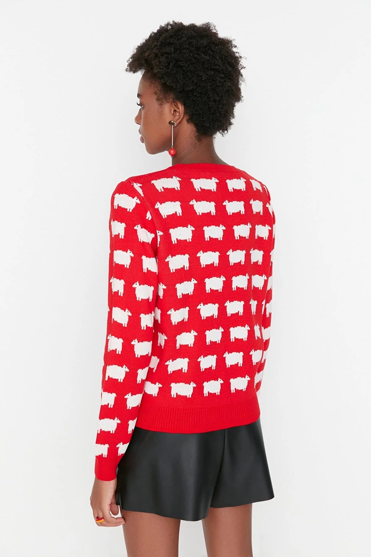 Red Self Patterned Crew Neck Knitwear Sweater