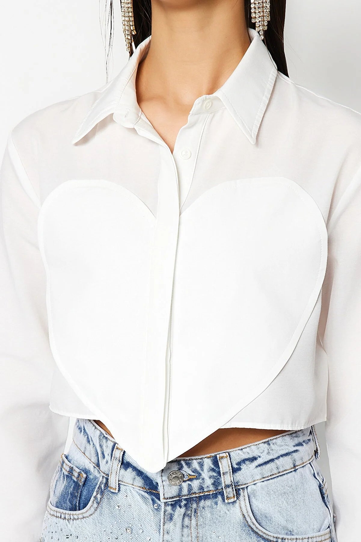 Crop Poplin Shirt with Ecru Heart Detail