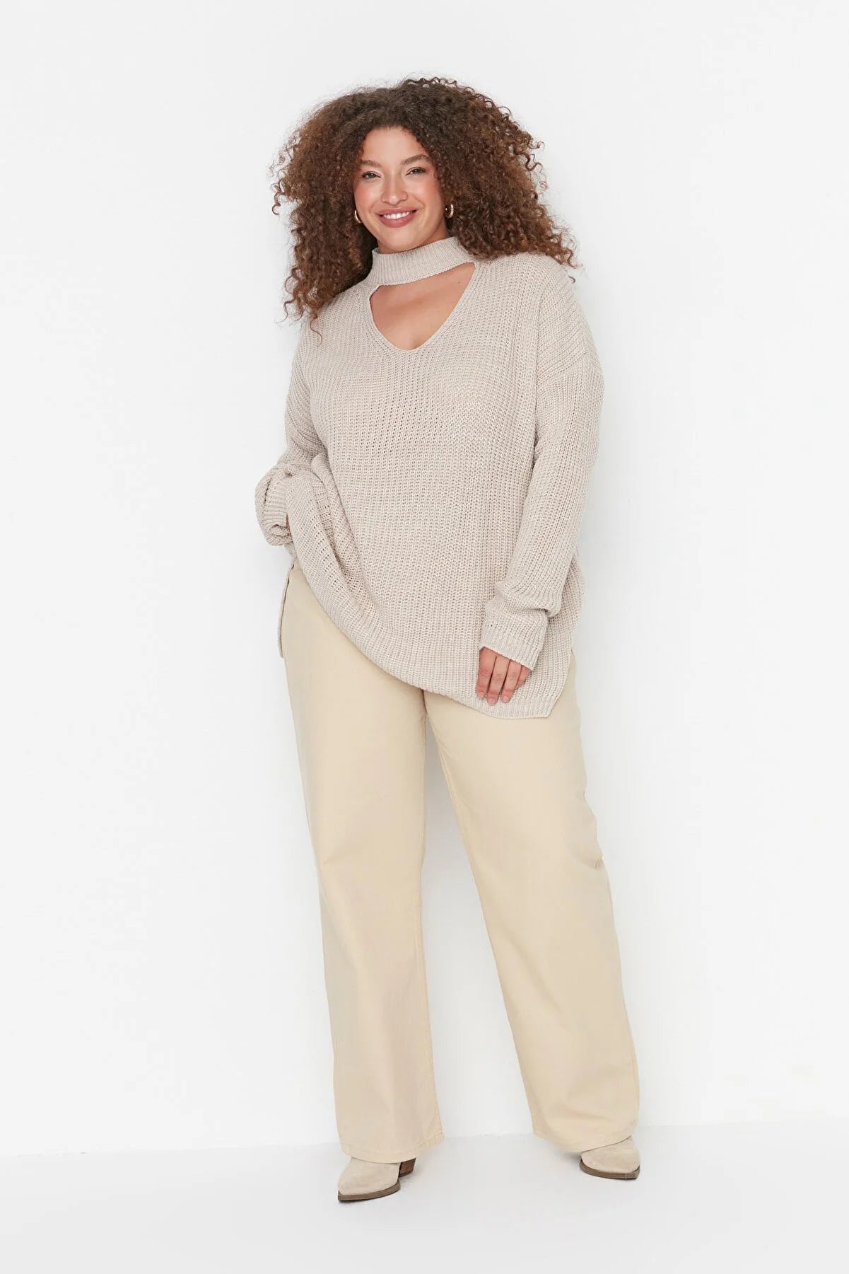 Beige Collar Detailed Knitwear Sweater
