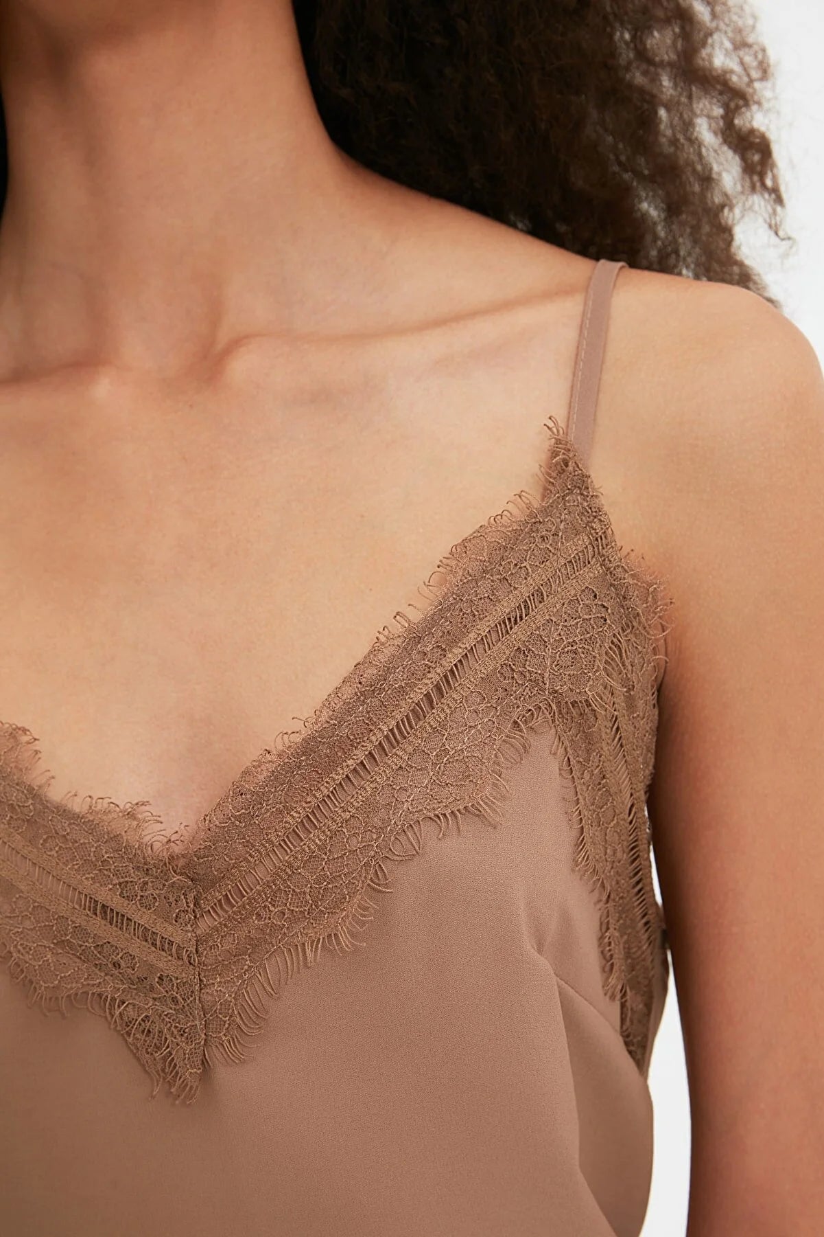 Mink Woven Lace Detailed Strap Blouse
