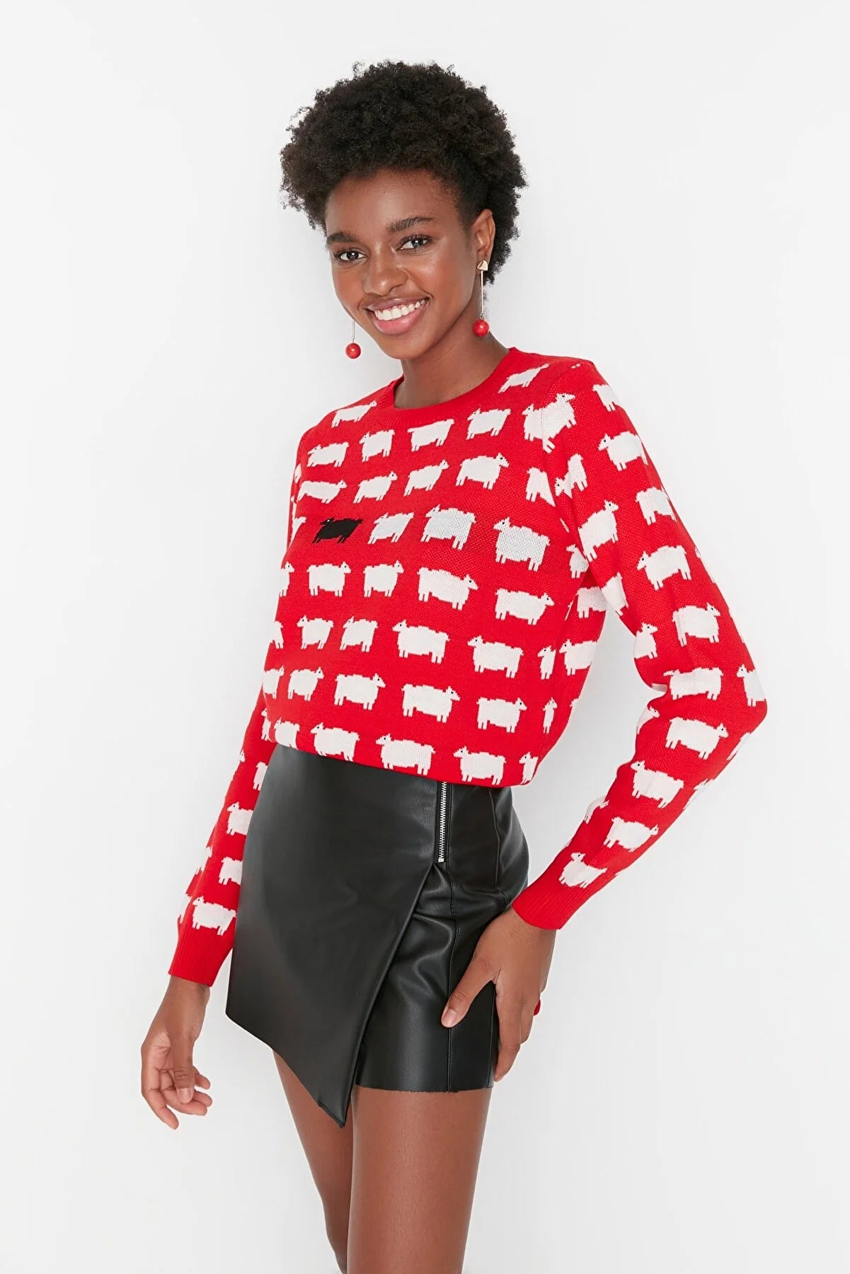 Red Self Patterned Crew Neck Knitwear Sweater