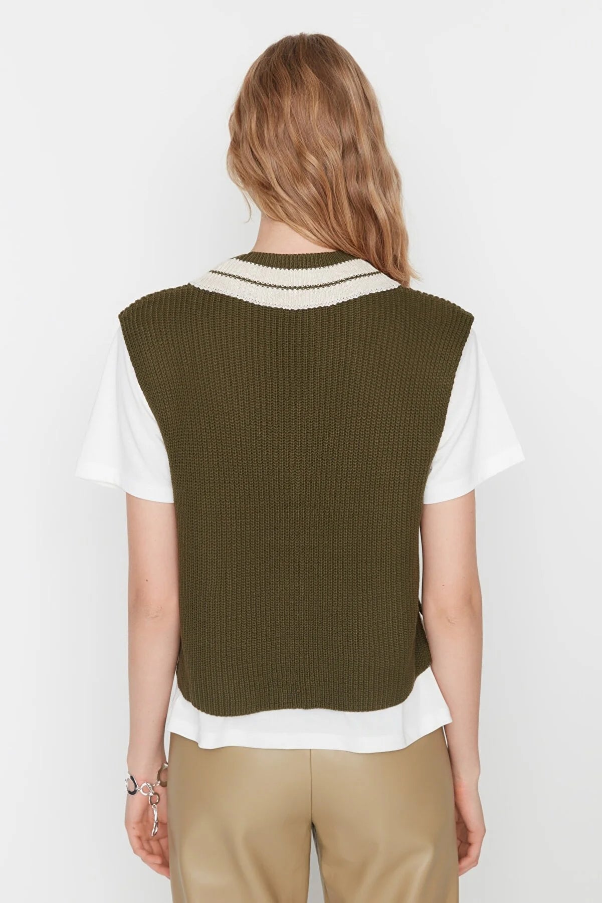 Khaki Crop V Neck Triko Sweater