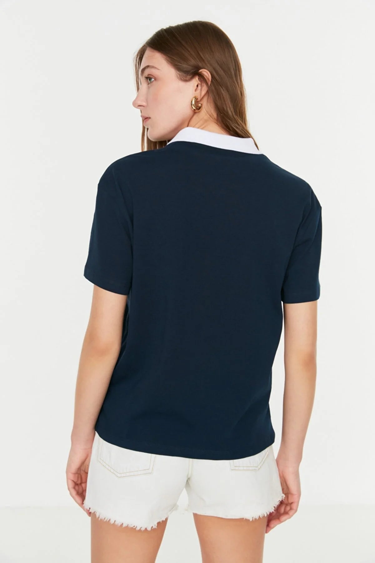 Navy Blue Printed Semi-Fitted Knitted T-Shirt