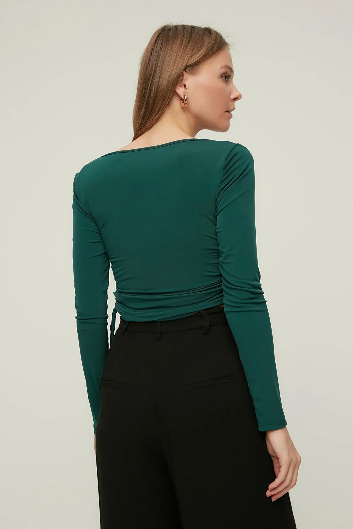 Emerald Green Square Collar Pleated Knitted Blouse