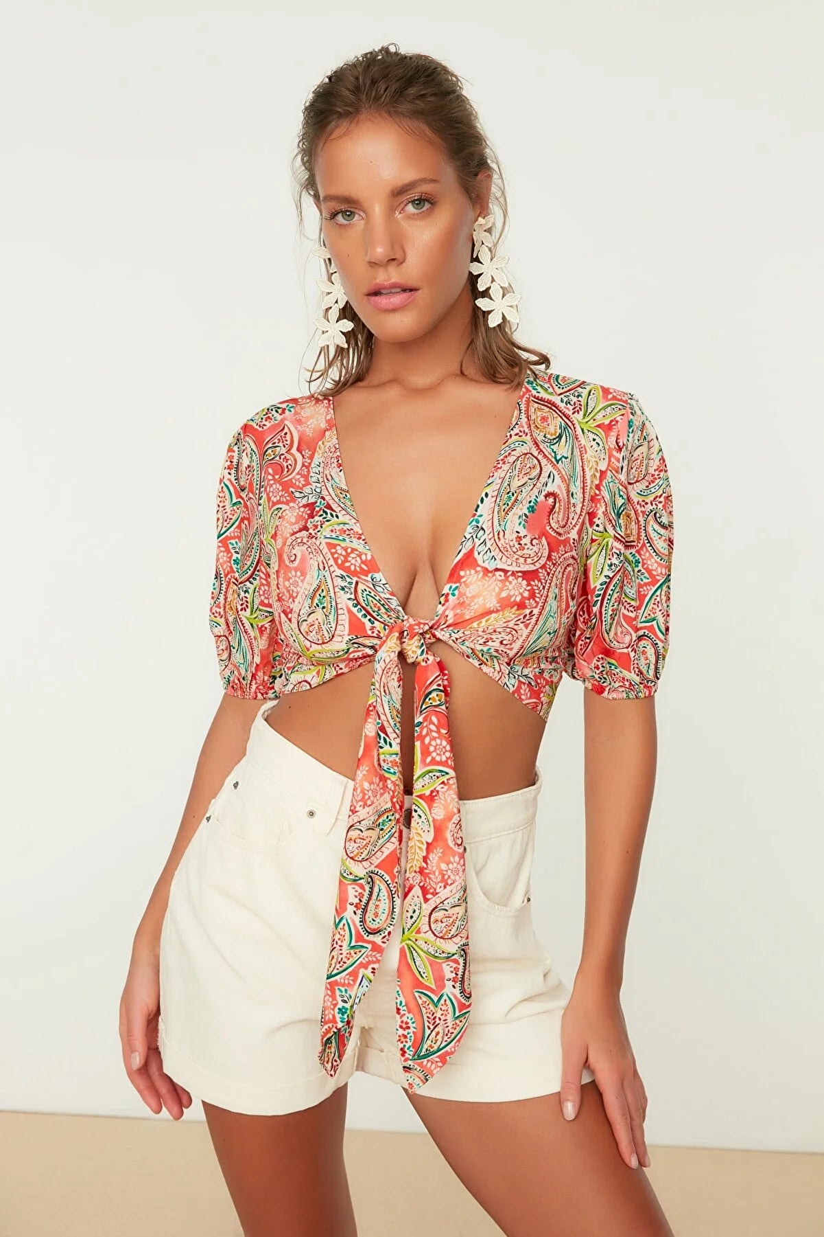 Shawl Patterned Crop Tie Detailed Viscose Beach Blouse