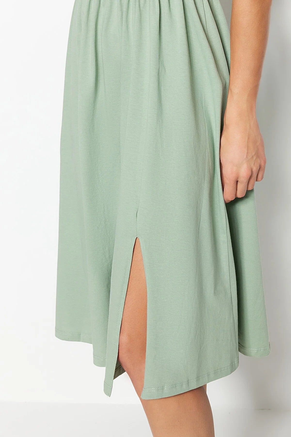Mint Square Neck Slit Detailed Knitted Dress