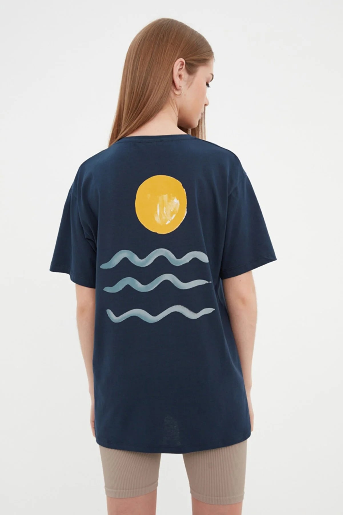 Navy Blue Printed Boyfriend Knitted T-Shirt