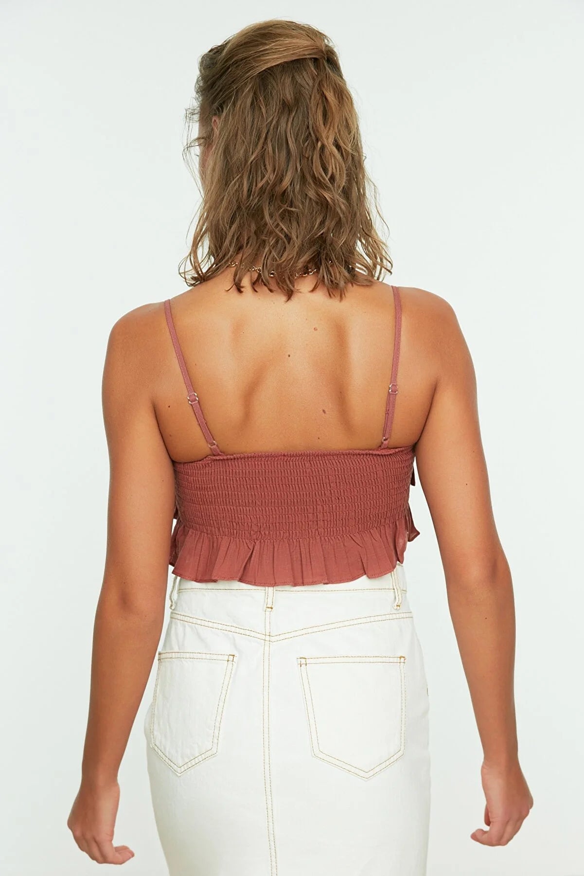 Brown Ruffled Flamed Cotton Crop Blouse