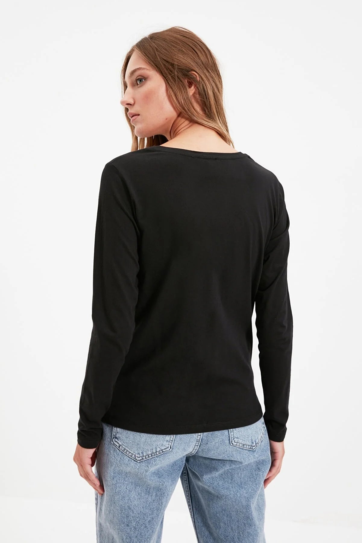 Black Long Sleeve V Neck Basic Knitted T-Shirt