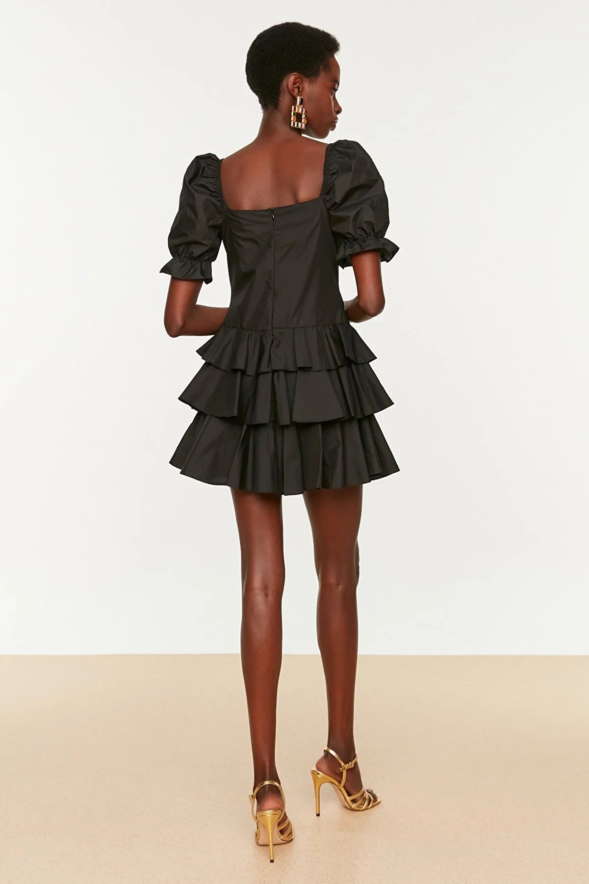 Black Ruffle Detailed Poplin Dress