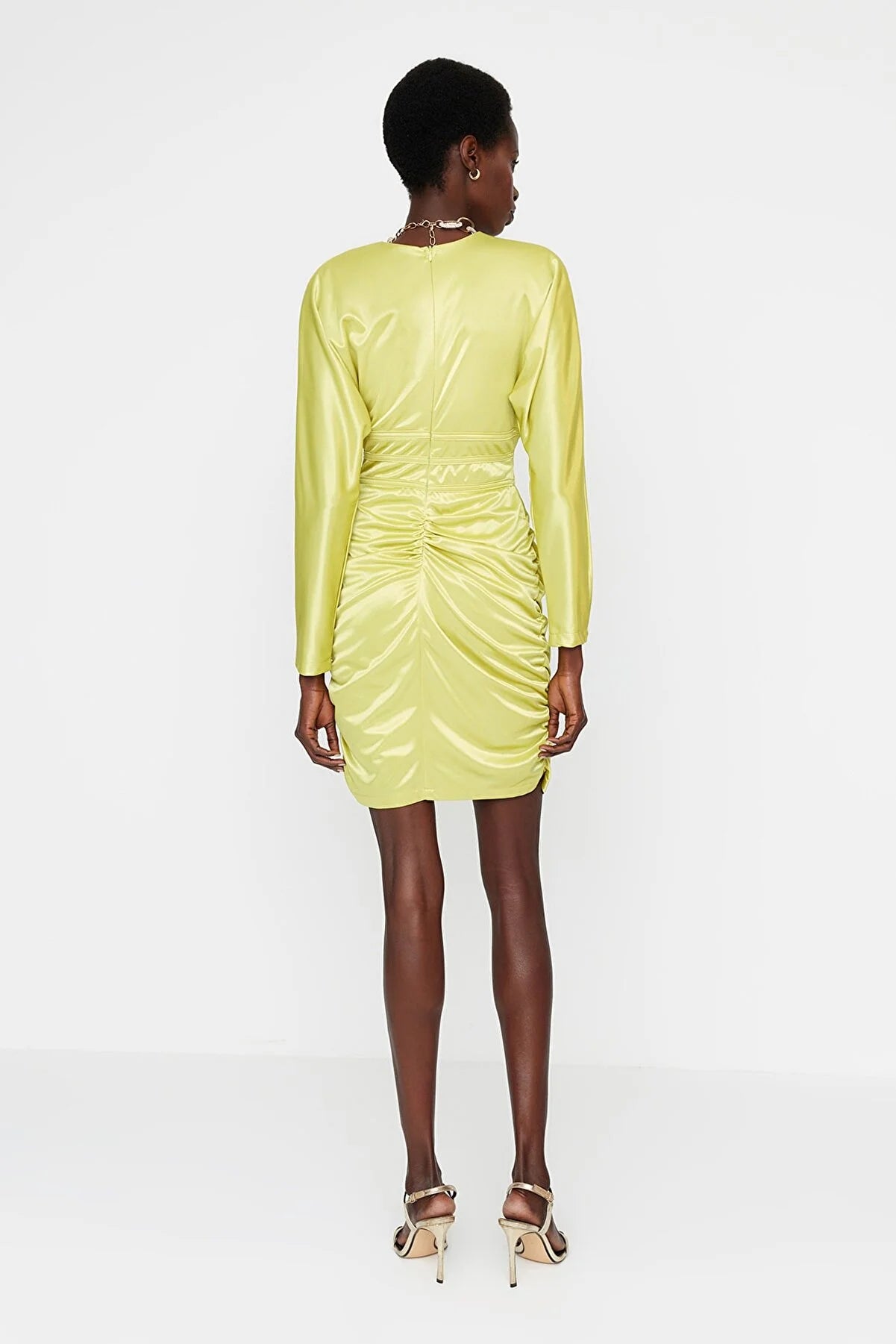 Green Piping Detailed Satin Look Dress