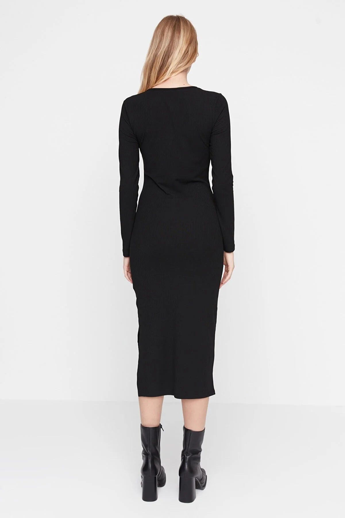 Black Square Neck Ribbed Bodycon Midi Knitted Dress