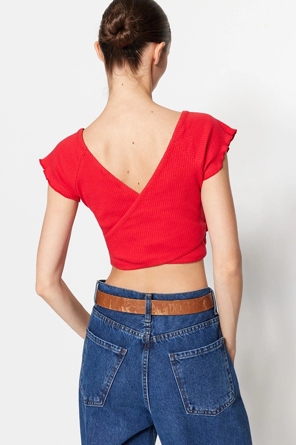 Red Ribbed Crop Knitted Blouse