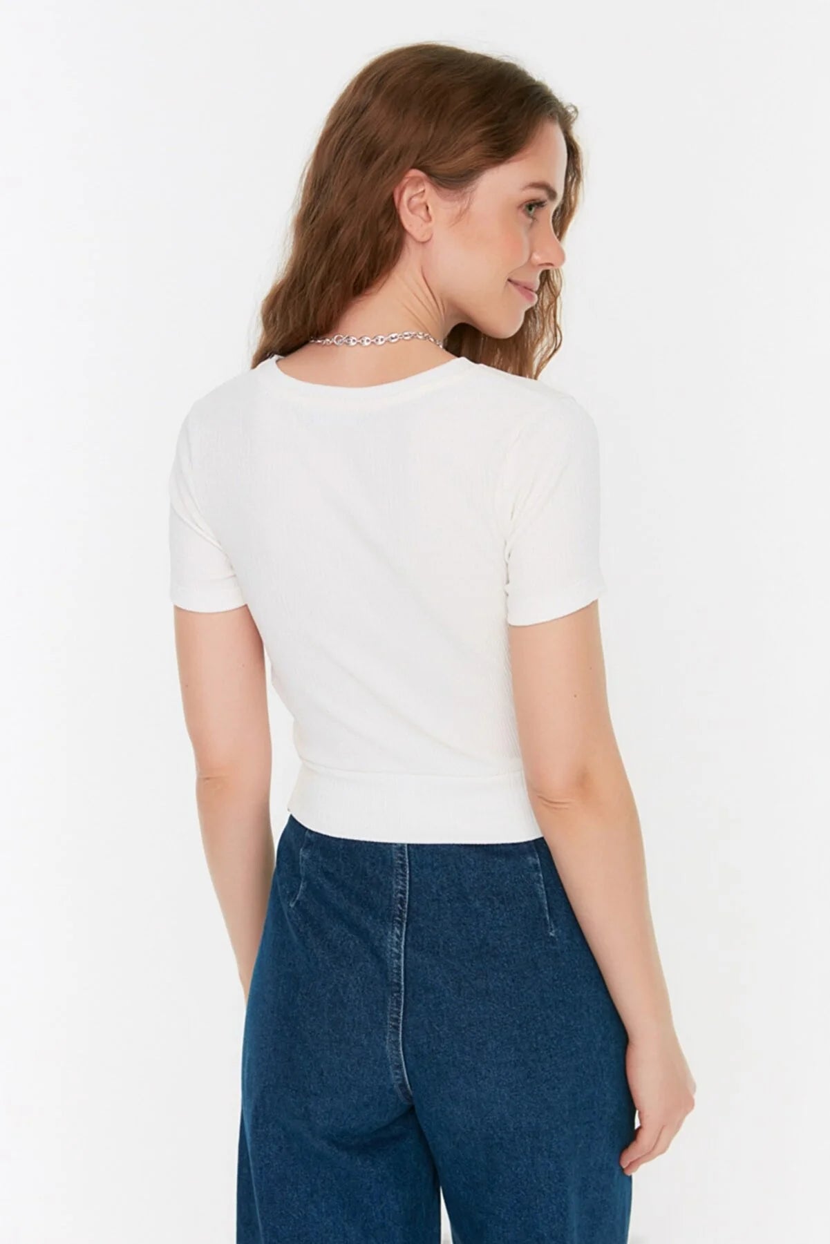 White Tie Detailed Crop Knitted Blouse