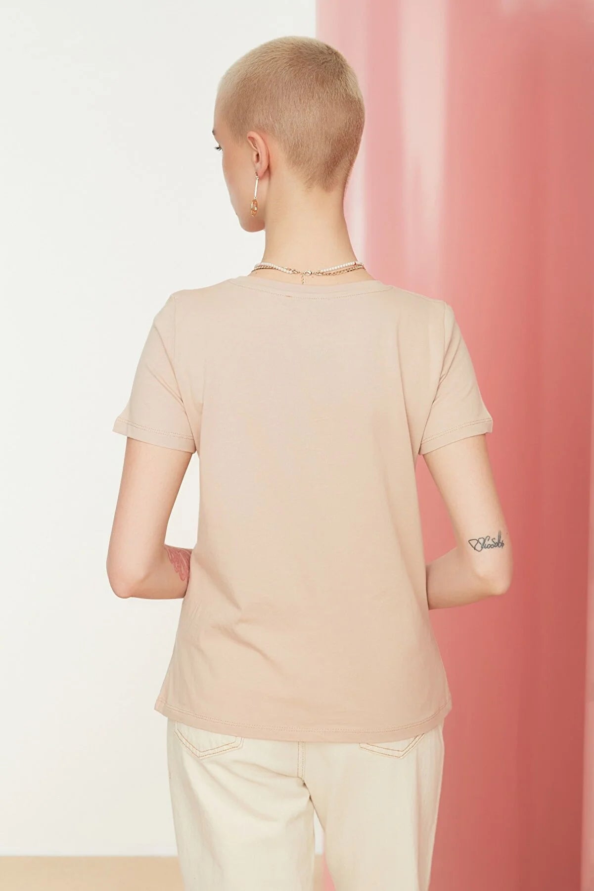 Beige Printed Basic Knitted T-Shirt