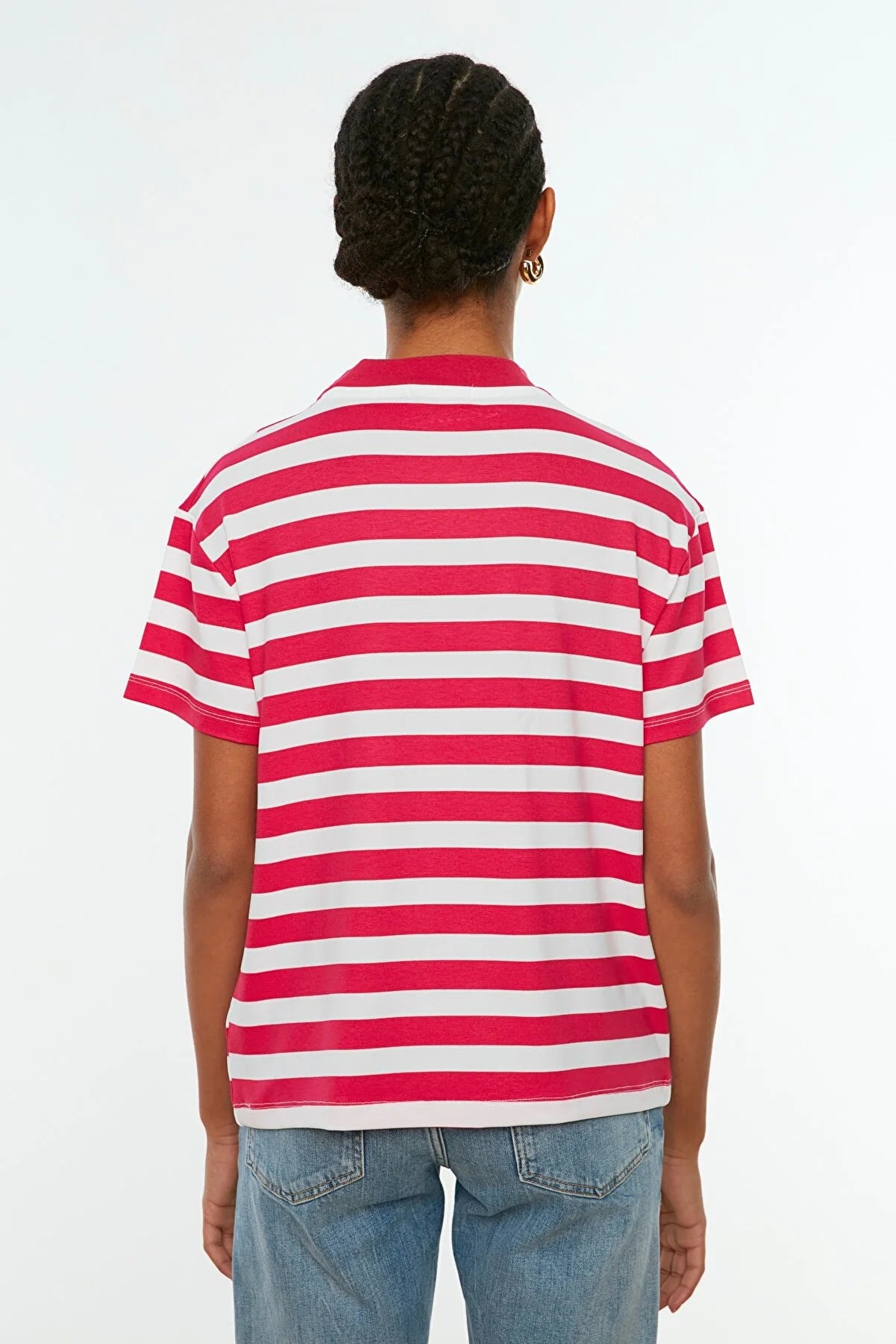 Pink Striped Basic Stand Up Collar Knitted T-Shirt