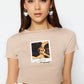 Beige Printed Rib Crop Knitted T-Shirt
