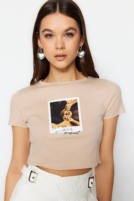 Beige Printed Rib Crop Knitted T-Shirt