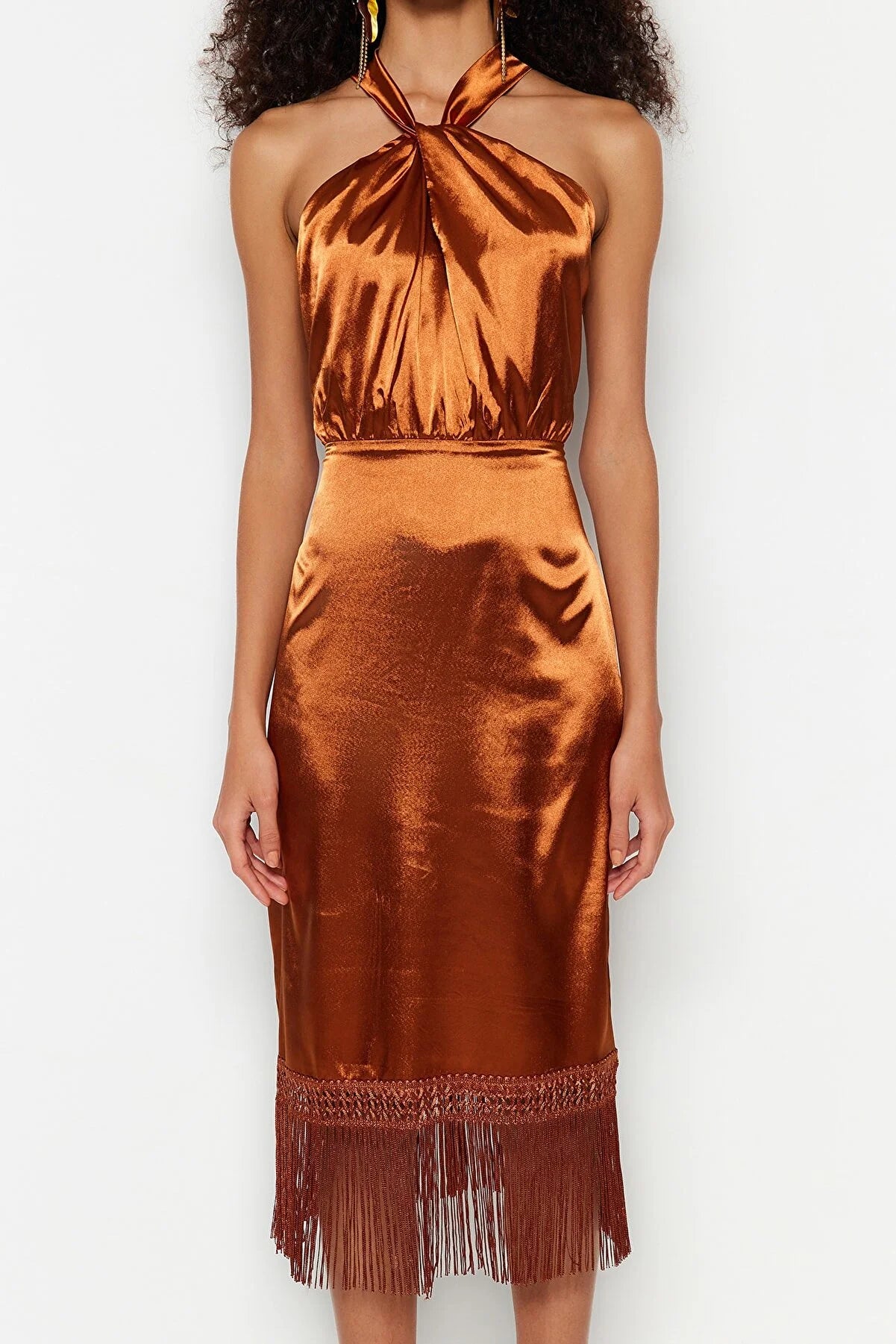 Copper Body-Fitting Woven Tasseled Satin Evening Dress