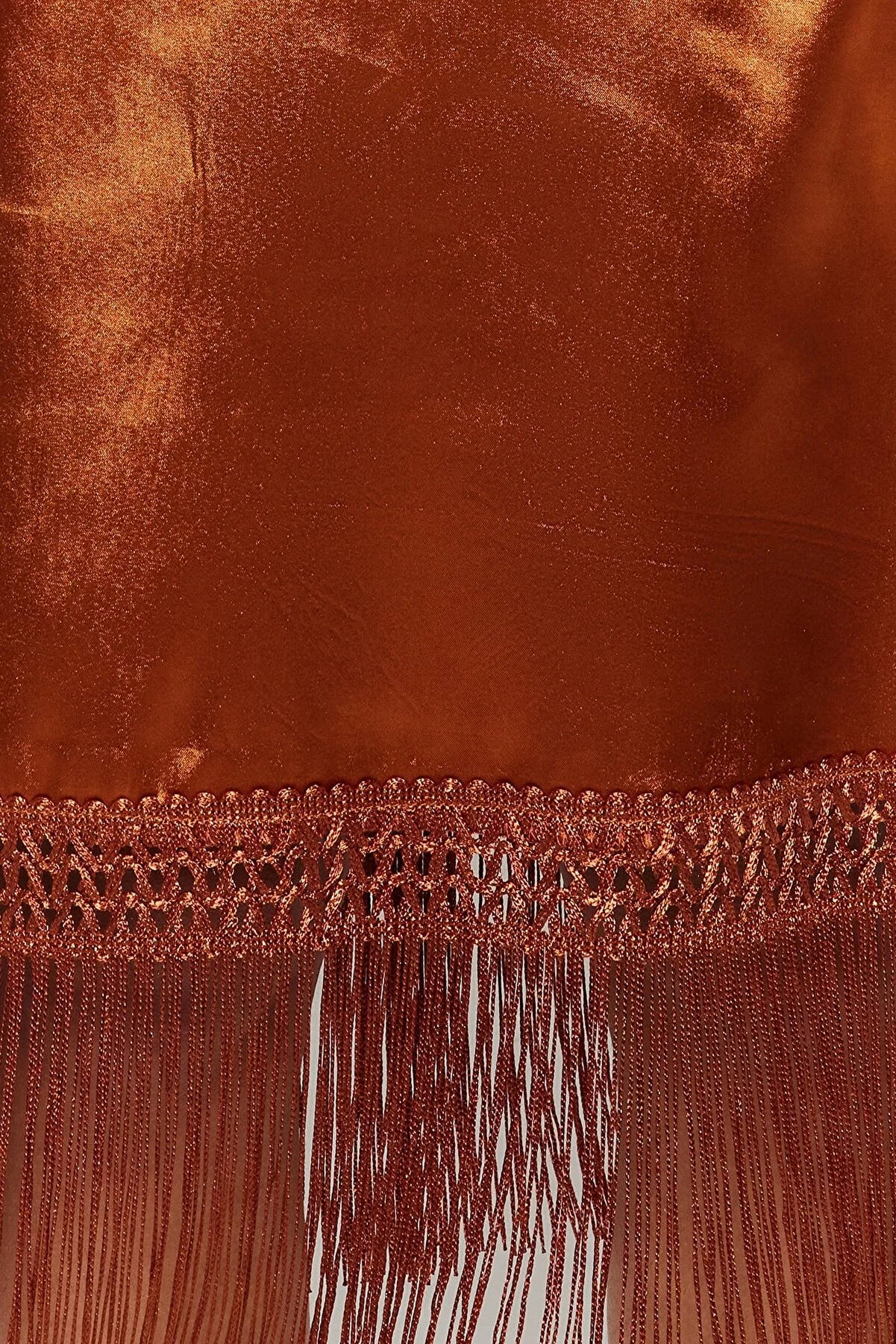 Copper Body-Fitting Woven Tasseled Satin Evening Dress