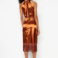 Copper Body-Fitting Woven Tasseled Satin Evening Dress