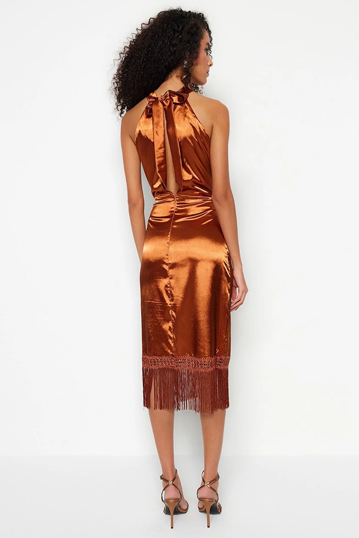 Copper Body-Fitting Woven Tasseled Satin Evening Dress