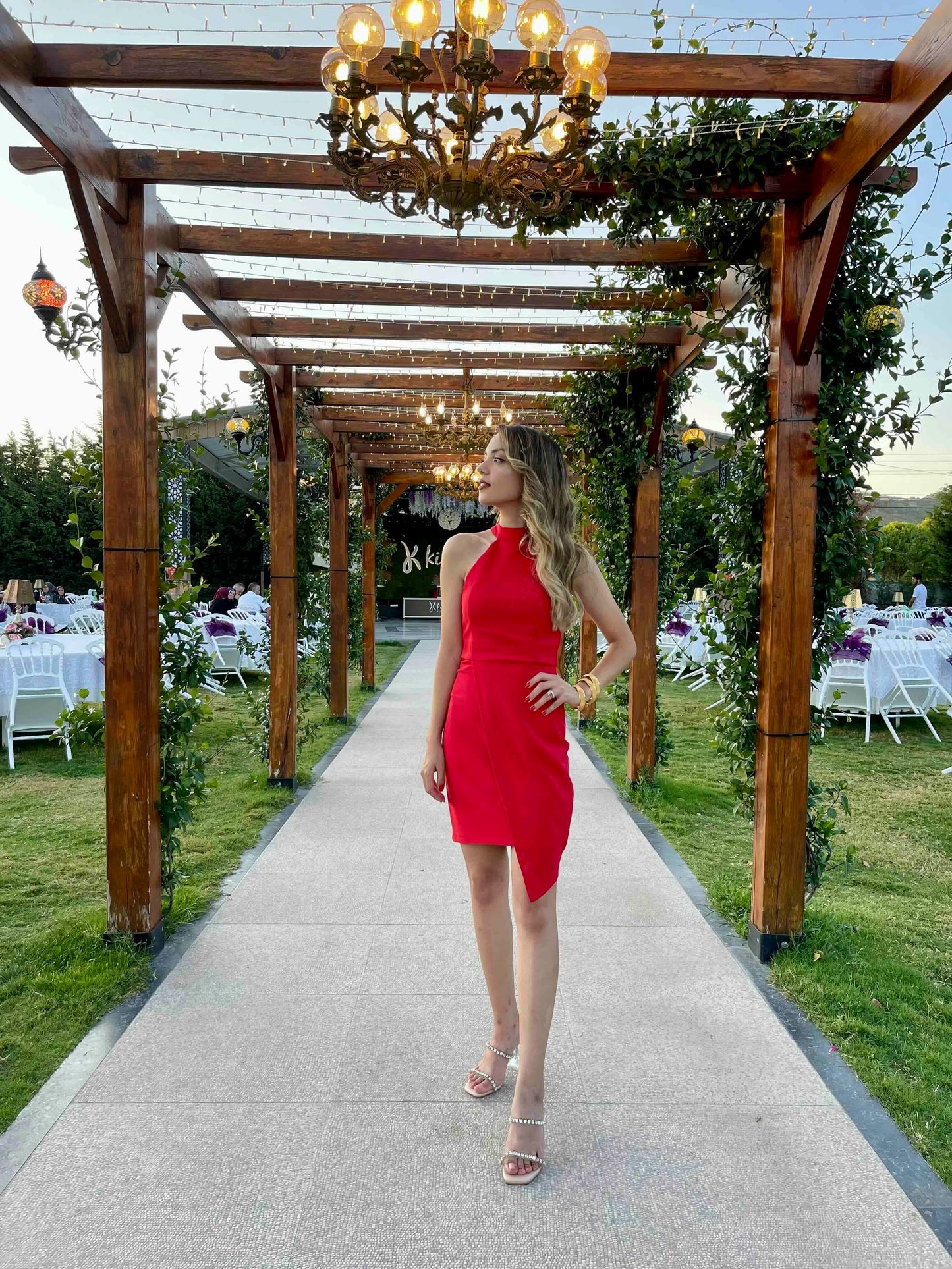 Red Fitted Lined Woven Evening Dress