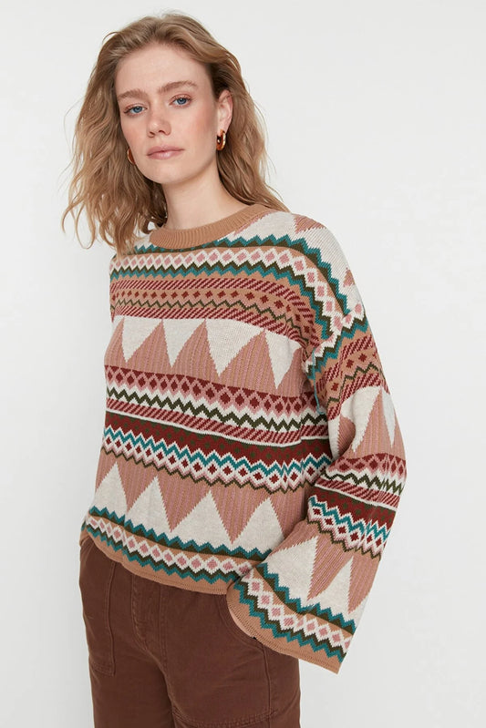 Camel Wide Pattern Crew Neck Knitwear Sweater