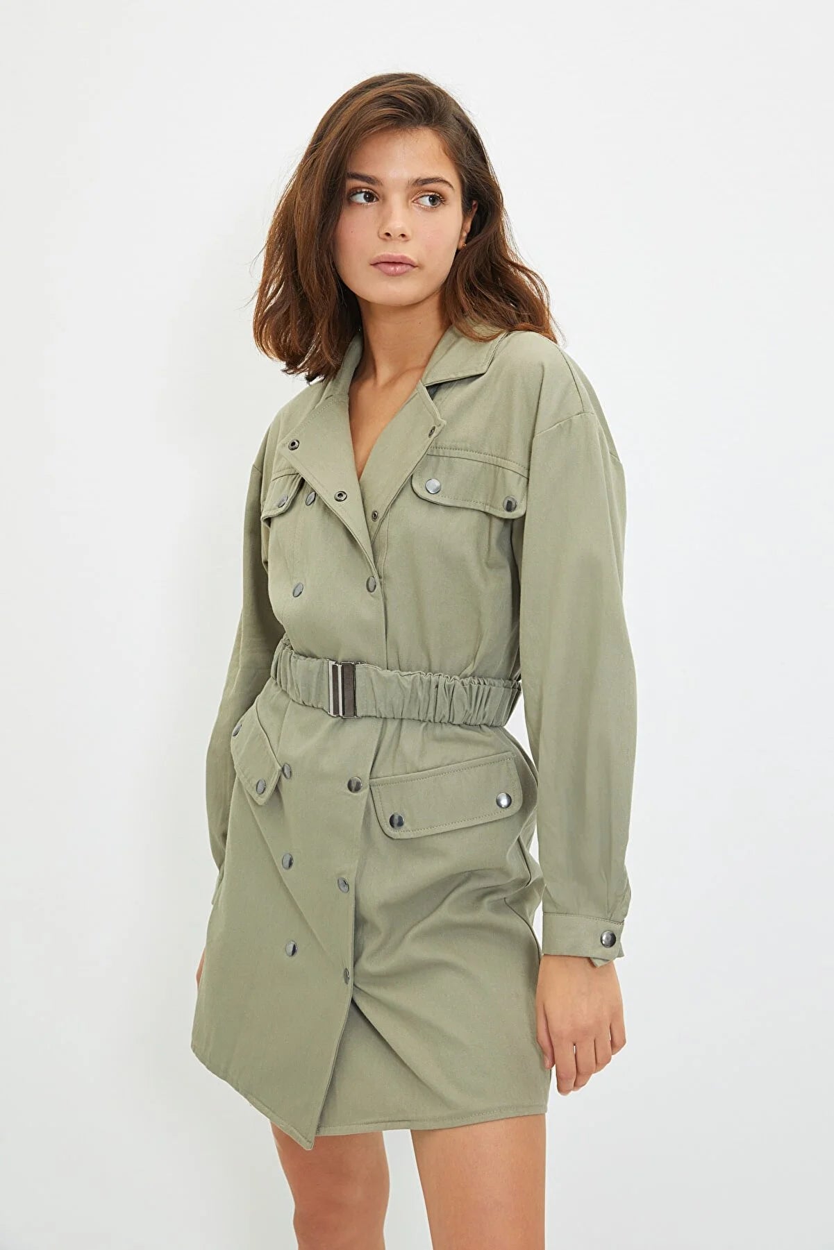 Khaki Belted Mini Woven Dress