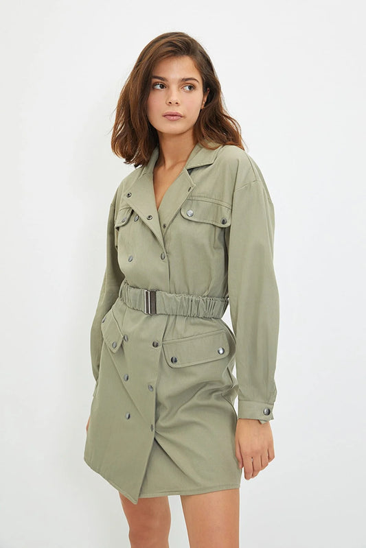 Khaki Belted Mini Woven Dress