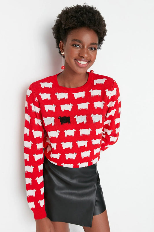 Red Self Patterned Crew Neck Knitwear Sweater