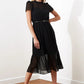 Black Belted Midi A-Line Woven Lined Dress