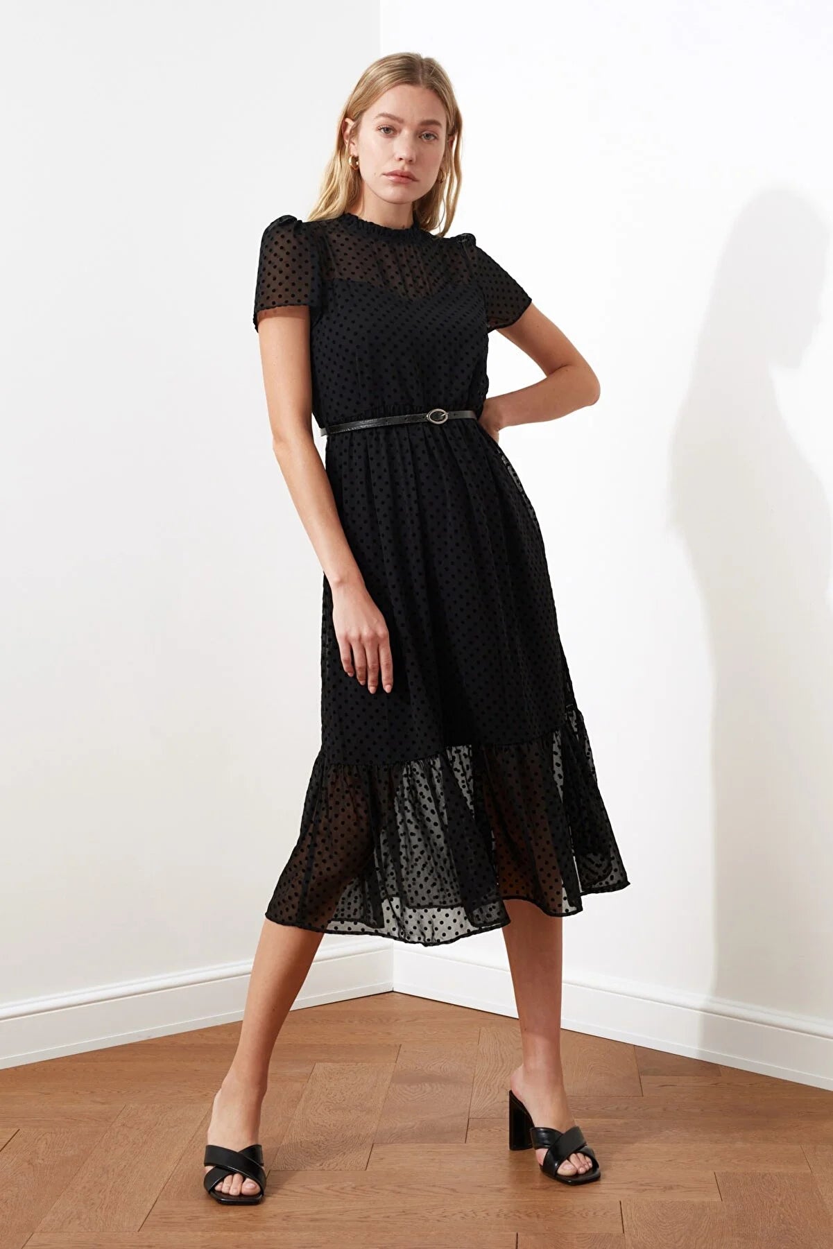 Black Belted Midi A-Line Woven Lined Dress